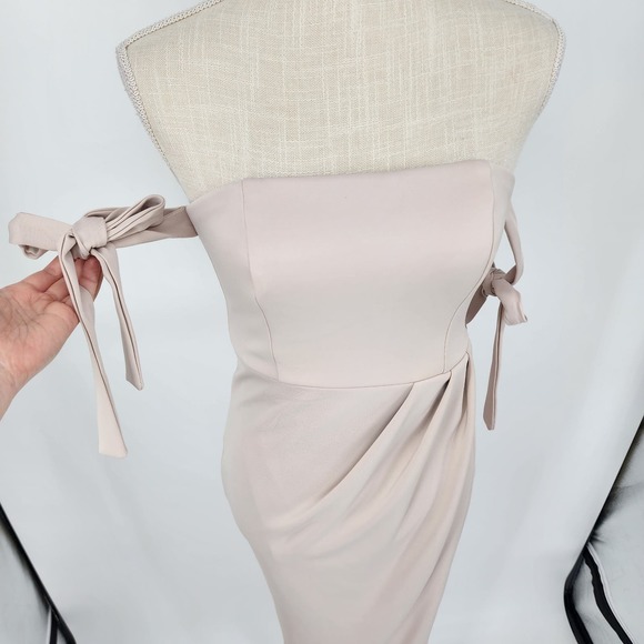 Showpo Common Muse Maxi Dress 0 Tulip Slit Strapless Ties Formal Stone Beige - Picture 7 of 15